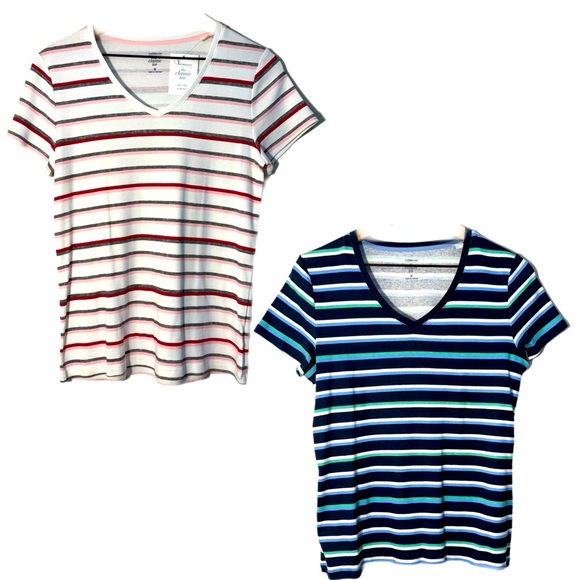 Croft & Barrow Lot 2 Striped Tees - White Pink & Navy Green 100% Cotton Women M. - Picture 1 of 16